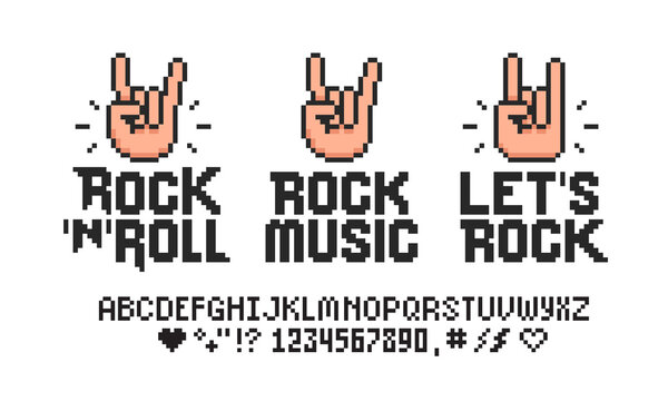 Let's Rock and Rock Music design set in Pixel Art style vector template. Rock n roll festival posters collection for print tee, apparel and poster design. Rock sign gesture symbols or icons