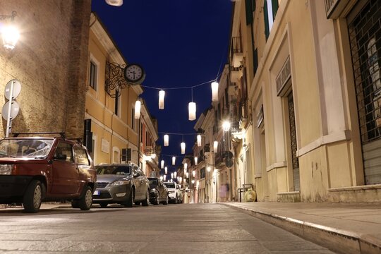 Street in Giulianova at night. Abruzzo, Italy. 