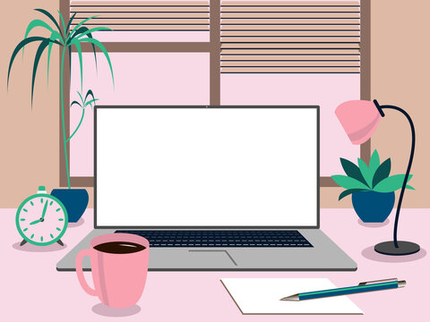 Raster image - a laptop on a table with a lamp, a cup of coffee and a potted flower in front of a window with blinds.  Concept - freelancing and online learning