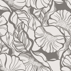 Painted flowers,  leaves. Abundant flowering. Hand-drawn graphics, smooth lines, artwork. Floral print design for fabric, vector illustration, monochrome colors. Botanical background, seamless pattern