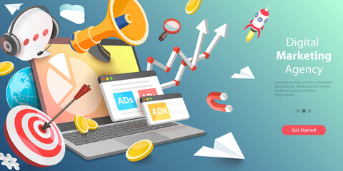 3D Vector Conceptual Illustration of Digital Marketing Agency, Online Social Media Campaign