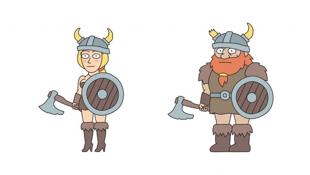 Viking woman and viking man hold shield and raise an ax to up. Alpha channel. Looped animation