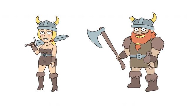 Viking woman holding sword and walking. Viking man holding big an ax and walking. Alpha channel. Looped animation