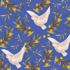 Pigeon with olive banch on blue background. Support to Ukraine. Dove of peace.
