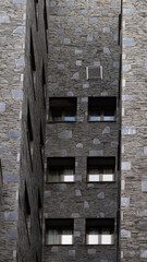 Fototapeta na wymiar Tall gray stone brick building, set of geometric shapes