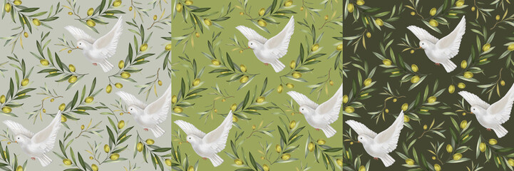 Dove of peace. With olive branch. Boho pattern.