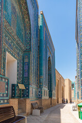 Street of mausoleums inside Shah-i-Zinda complex. One of most popular tourist places in Samarkand, Uzbekistan.