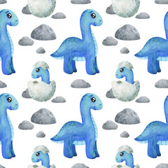 Seamless pattern with a blue dinosaur. Diplodocus on a white background with stones. Children's dino print in cartoon style for fabric, paper, wallpaper © Анна Сухова