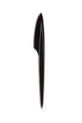 Plastic black disposable knife isolated on white background. Top view on a white background....