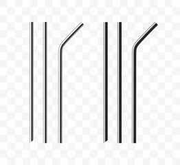 Set of reusable metal drinking straws. Realistic vector illustration isolated on transparent background.