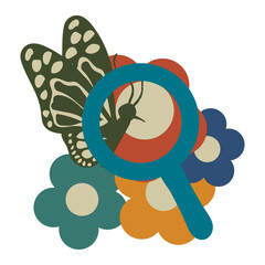 hand drawn butterfly feeding from flowers on white background.
