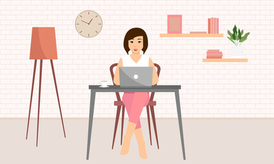 A happy woman is sitting in a chair in a home interior with a laptop and cat. Flat vector illustration