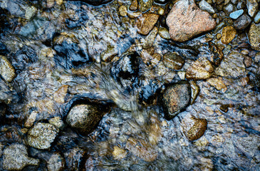 detail of a muddy river with round stones