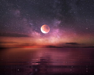 Fototapeta na wymiar moon on lilac blue dark starry sky at night at sea water wave reflection nebula milky way cosmic background 