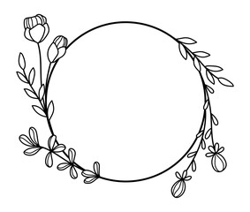 Outline wildflowers round frame. Line art flowers wreath vector illustration
