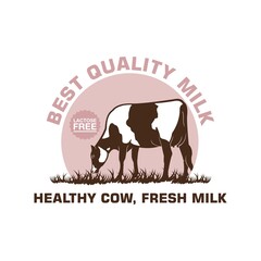cow milk logo, silhouette of healthy cattle eating grass vector illustrations
