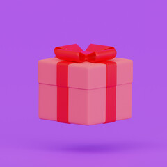 One gift with a bright red bow on a purple background. 3d rendering