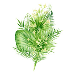 Watercolor wild meadow tropical bouquet, green herbal composition illustration, cereal wild plants, floral hand drawn spring summer natural herbs isolated on white background