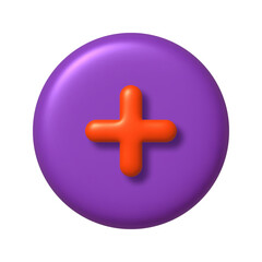 Math 3D icon. Orange arithmetic plus sign on purple round button. 3d realistic design element.
