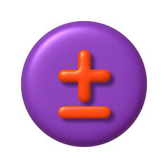Fototapeta premium Math 3D icon. Orange arithmetic plus and minus signs on purple round button. 3d realistic design element.