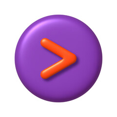 Math 3D icon. Orange arithmetic greater than sign on purple round button. 3d realistic design element. - obrazy, fototapety, plakaty