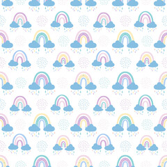 .Abstract rainbow with clouds and raindrops, doodles and circles in a seamless pattern