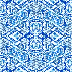 Blue white watercolor azulejos tile background. Seamless coastal geometric floral mosaic effect. Ornamental arabesque all over summer fashion damask repeat