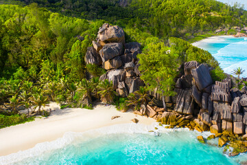 Grand Anse - one of the most beautiful beach of Seychelles. La Digue Island, Seychelles - obrazy, fototapety, plakaty