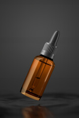 Naklejka premium Amber glass bottle with a pipette inside on a dark background. 3d render.