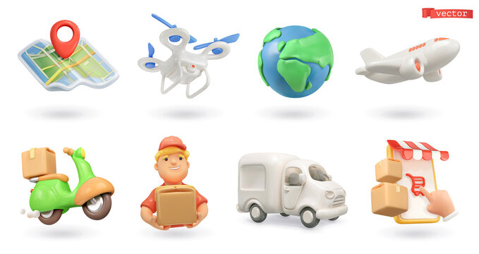Delivery icons 3d vector set. Map, drone, earth, aircraft, motorcycle, delivery man, truck, online store