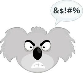 Vector illustration of the face of a koala cartoon with an angry expression and a bubble of dialogue with a text of insult