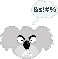Vector illustration of the face of a koala cartoon with an angry expression and a bubble of thought with a text of insult	