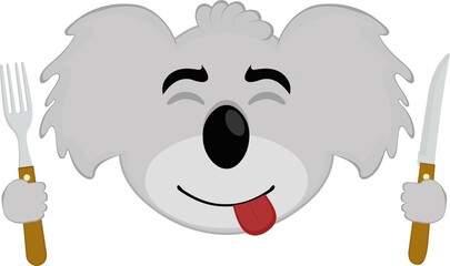 Vector illustration of the face of a koala cartoon with a knife and fork in the hands