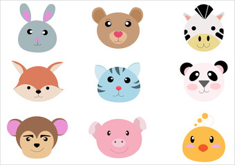 Naklejka premium Set of animal heads collection.Characters portrait cute animal faces on white background.portraits, Emoji funny animal, Logo, sticker,Kawaii,Vector Funny cartoon and animal heads concept.