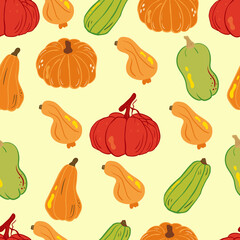 Cute autumn pattern with pumpkins. Vector illustration with doodles on the theme of cozy autumn for interior decoration, printing posters, greeting cards, business banners, packaging in a modern Memph