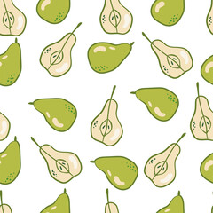 Cute autumn pattern with pears. Vector illustration with doodles on the theme of cozy autumn for interior decoration, printing posters, greeting cards, business banners, packaging 