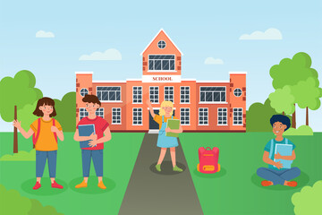The concept of "Back to School".Children in the school garden on the background of a school building . Vector illustration in a flat style