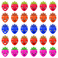 Fototapeta premium Strawberry set of emotions on a white background. Strawberry character with a funny face. Fun fruit emotion. Vector illustration of healthy plant character.