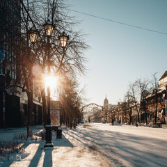 Chelyabinsk, Russia - January 9th 2021: Sunrise in Chelyabinsk city in the center of the city. Long...