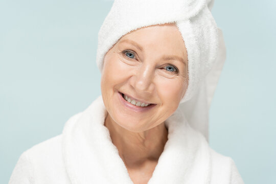 Beauty Portrait Of Senior Woman In Bathrobe After Spa, Older Beauty Face With Fresh Skin