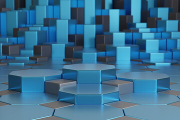 Octagon podium for product display on blue background. 3d illustration.