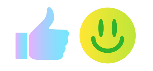 Vector set icons of like button. Vector set  banners of human hand and smiles face in trendy colors.