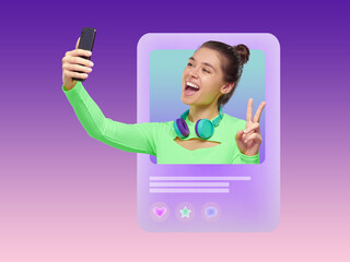 Cheerful girl showing peace gesture taking selfie on phone for post in social media
