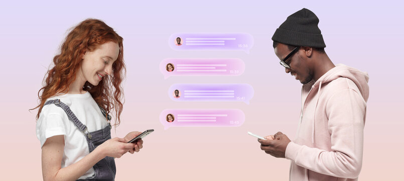 Diverse couple using phones sending and reading messages in text bubbles against pink background