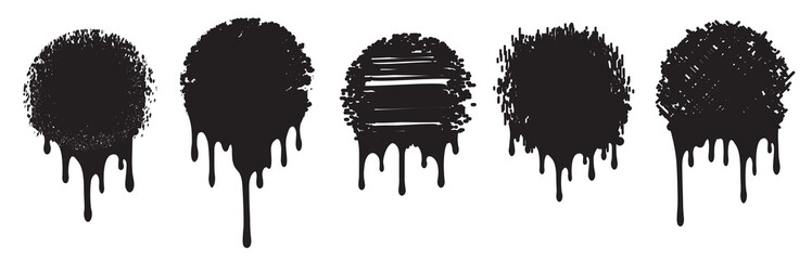 Set of five black grunge decors with paint drips. Vector illustration for your design.