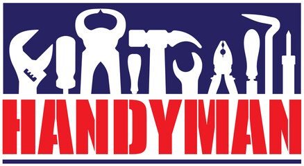 Handyman services vector design for your logo or emblem with bend red banner and set of workers tools. There are wrench, screwdriver, hammer, pliers, soldering iron, scrap.