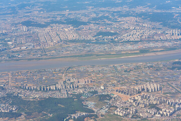 Aerial view of South Korea from aircraft.