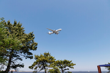 青空を背景に東京湾上空を旋回しながら着陸態勢に入る飛行機