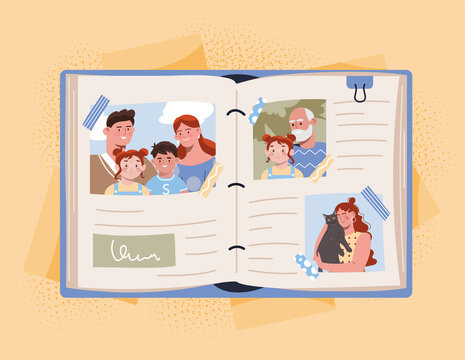 Photo album concept. Photos of family in book, good relations between generations. Love and care, memories of bright moments. Happy moments of life, inspiration. Cartoon flat vector illustration