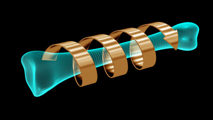The healing of a human bone with spiral arrow isolated on black background. The bone is represented by wireframe as a symbol of modern technology. 3D illustration.